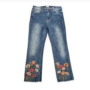70"s Inspired Floral Embroidered Jeans Frayed Hem High Rise Stretch 5